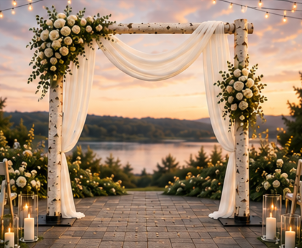 Arcwood Living Birch Wedding Arch Kit – Complete Set with Ivory Chiffon Drape